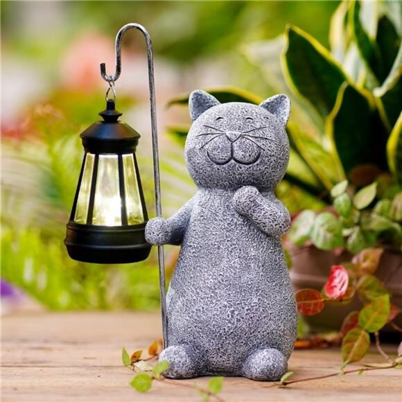 Solar Cat Statues for Garden Decor: Outdoor Figurines Sculpture with Lantern - Picture 1 of 7